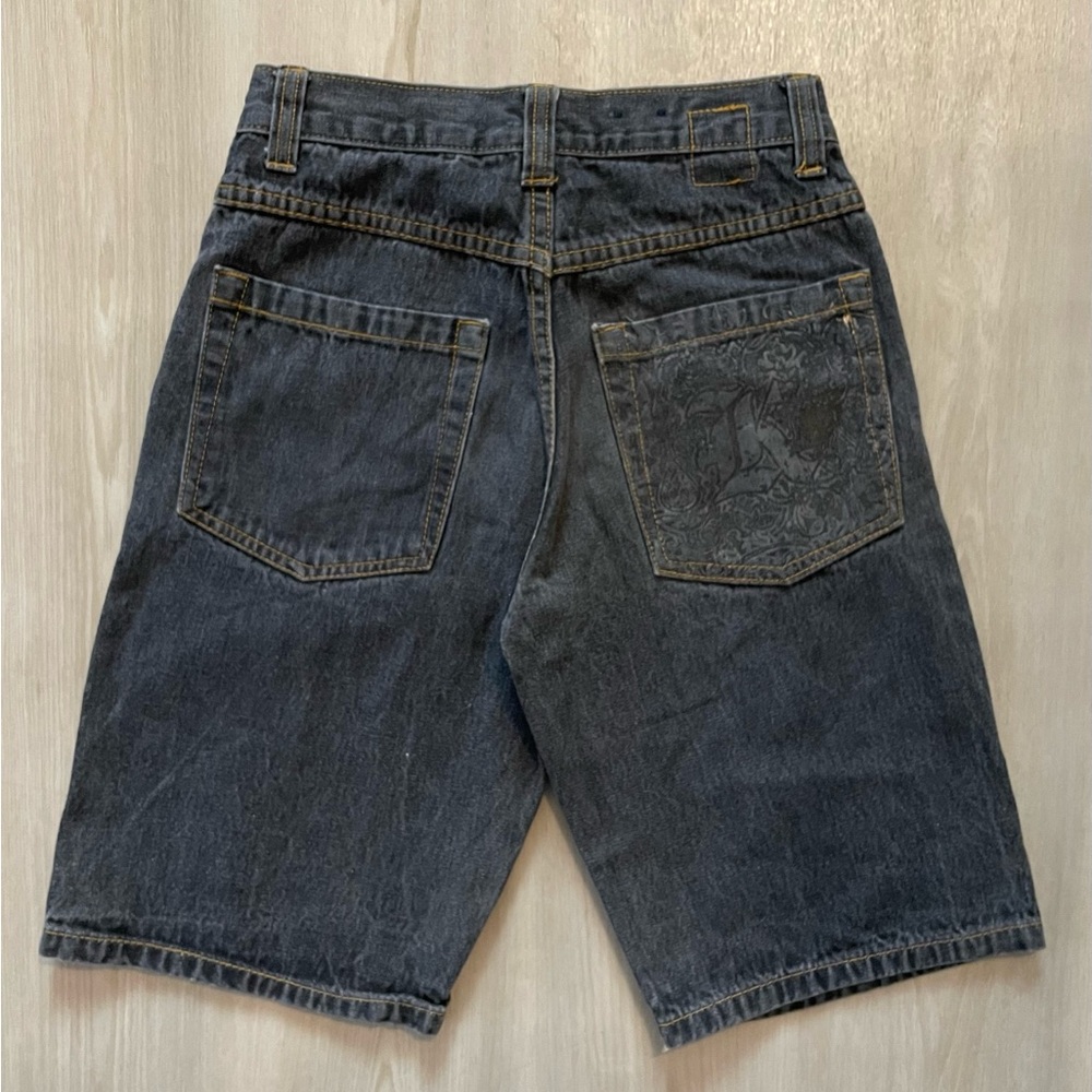 VTG Y2K Karl Kani Gold Denim Shorts Jorts Black Youth Sz Youth 10 Hip Hop Baggy